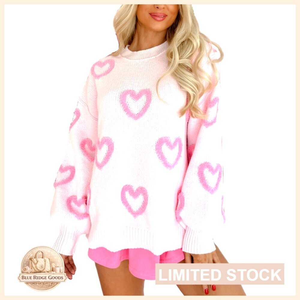 Oversized Heart Print Sweater Y2K Romantic Pullover Long Sleeve Cute Graphic